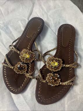 Enzo Angiolini Brown Slide Sandals with Gold Braided Straps and Amber Beading